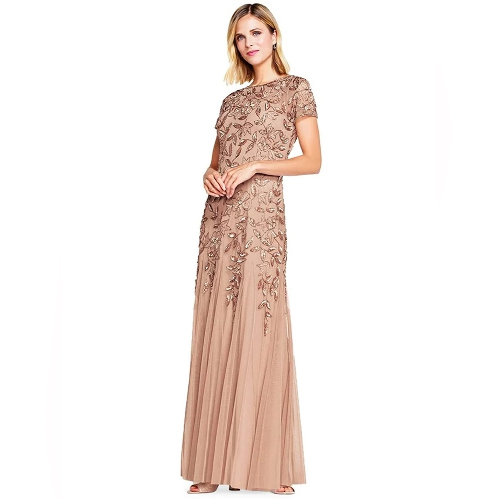 NWT Adrianna Papell Beaded Long Dress with Godets, Blush Pink/Mauve Size 8